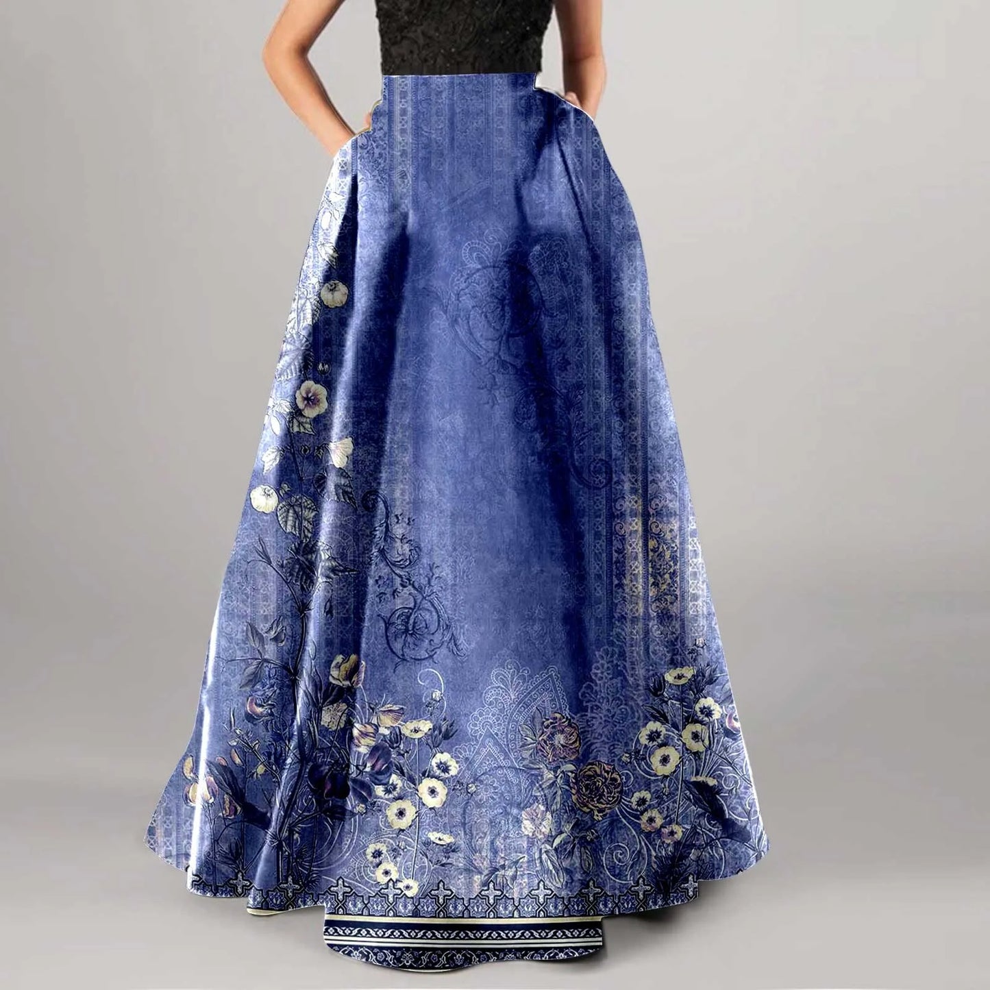 Bohemian Print Long Holiday Floral Skirt, High Waist