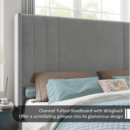 Velvet Upholstered Platform Bed with Vertical Channel Tufted Headboard & Footboard/Wingback, Mattress Foundation with Wood Slat