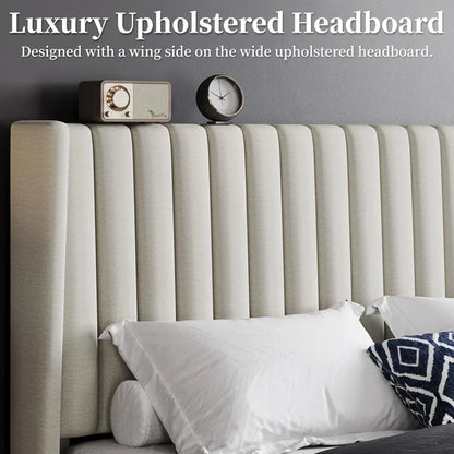 Upholstered Platform Bed - Fabric Headboard with Wing Edge Design | Wooden Slats Support, Non-Slip & Noise-Free
