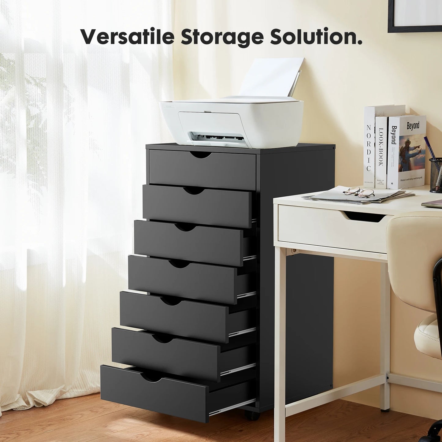 7 Drawer Chest Storage Cabinet, Wooden File Office, Mobile Cabinet on Wheels