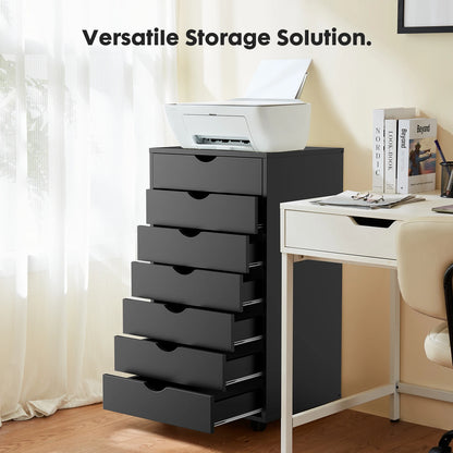 7 Drawer Chest Storage Cabinet, Wooden File Office, Mobile Cabinet on Wheels
