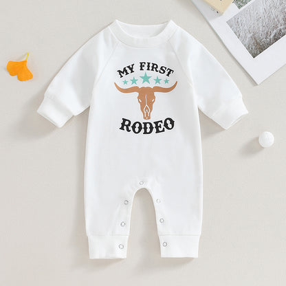 0-12M Newborn Baby Boy Sweatshirt Rompers-Bull Head Letter Print, Long Sleeve Jumpsuit