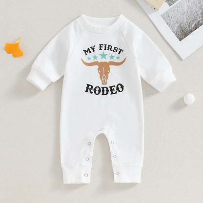 0-12M Newborn Baby Boy Sweatshirt Rompers-Bull Head Letter Print, Long Sleeve Jumpsuit