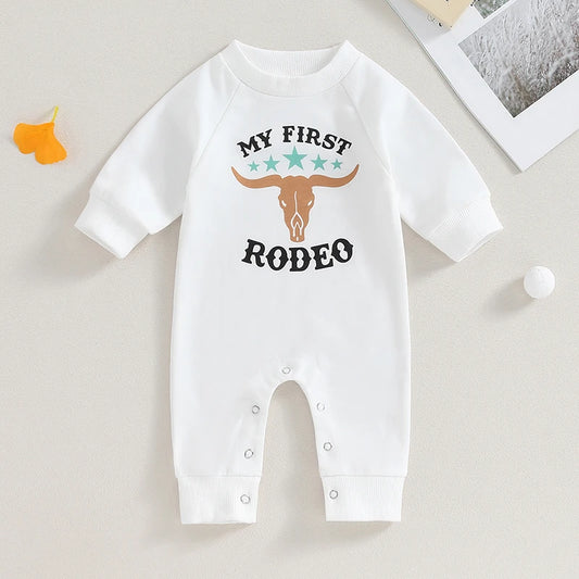 0-12M Newborn Baby Boy Sweatshirt Rompers-Bull Head Letter Print, Long Sleeve Jumpsuit