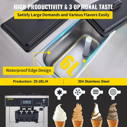 VEVOR Soft Ice Cream Machines 18-28L/H Commercial Sorbet Coolers Tricolor Desktop Sweet Cone Freezing Equipment Vending Machine