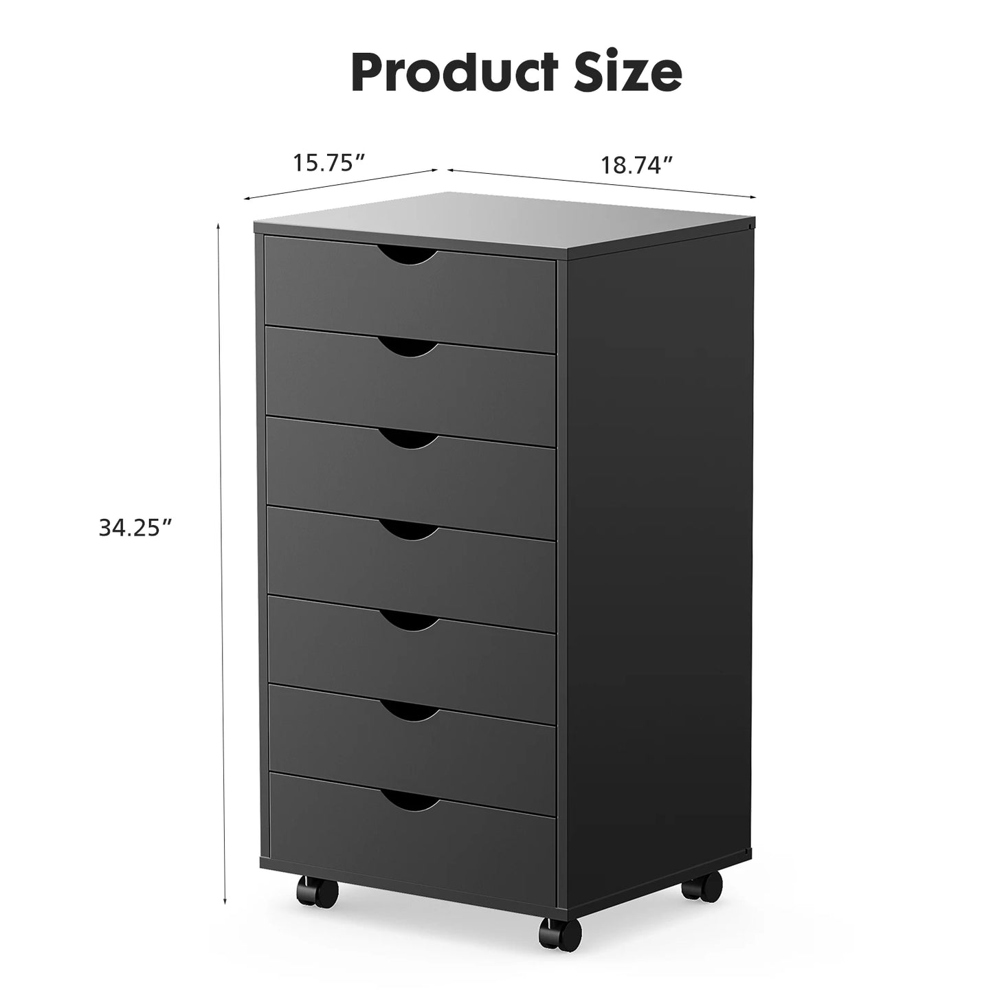7 Drawer Chest Storage Cabinet, Wooden File Office, Mobile Cabinet on Wheels