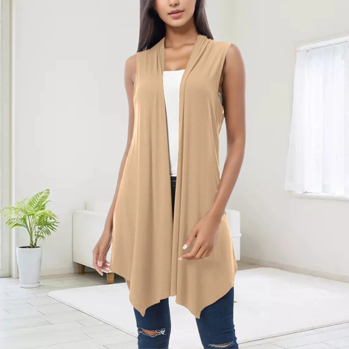 Women's Front Draped Cardigan, Solid Color Blouse Vests, Hem Asymmetric
