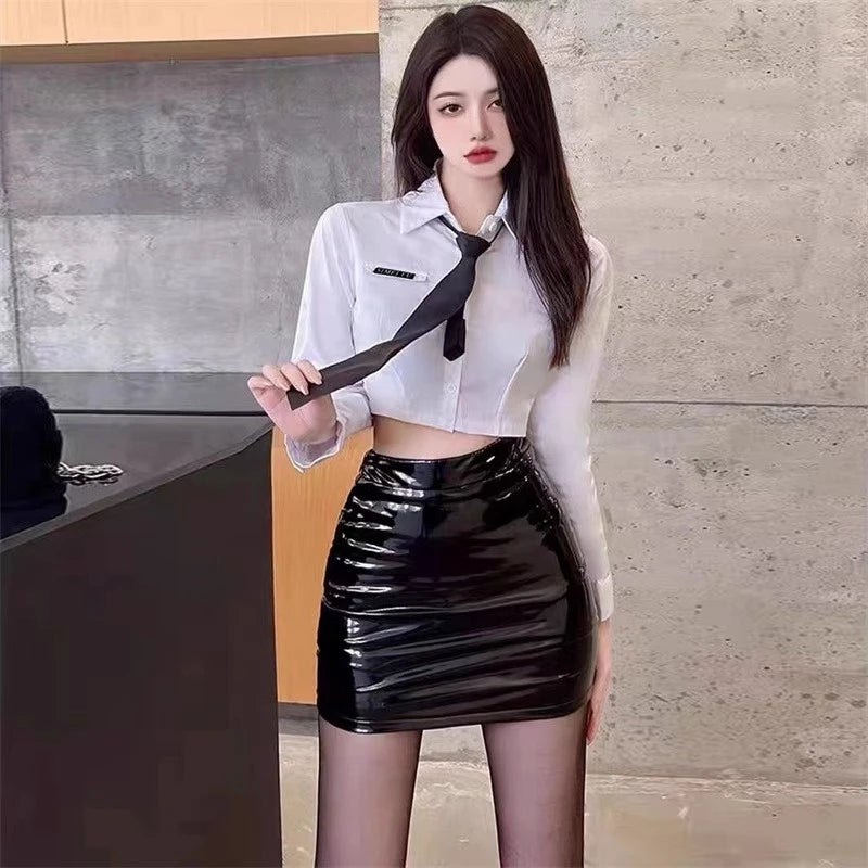 Women's Sexy Slim Pencil Skirt, Pu Leather Bodycon Shiny Black Short Skirt,  Classic High Waisted