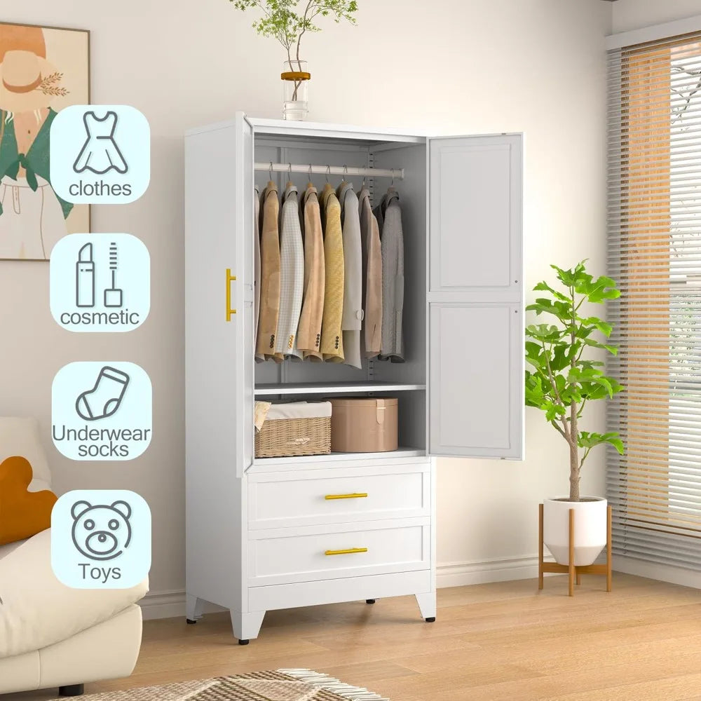 71" H Metal Armoire Wardrobe Closet with 2 Drawers, Adjustable Shelves, Clothes Drying Pole