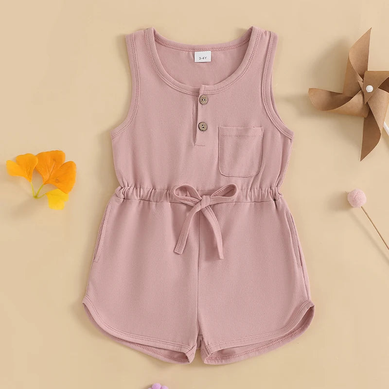 Little Girls Summer Casual Jumpsuit, Sleeveless, Crewneck, Solid Color Drawstring Tank Romper