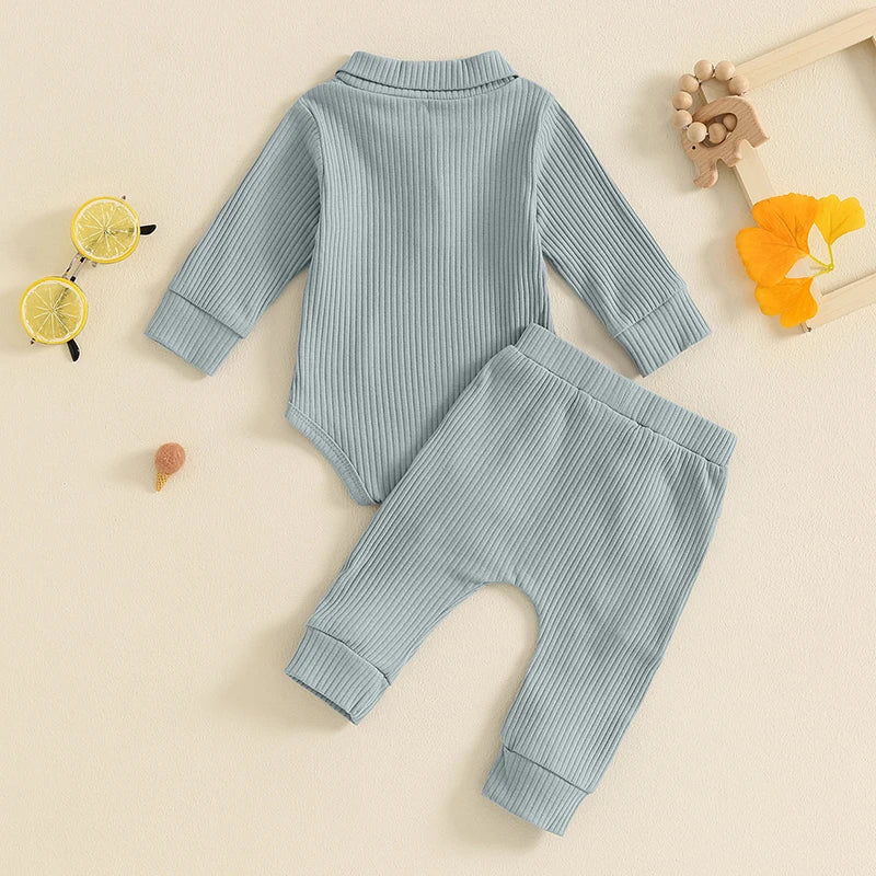 Autumn Infant Baby Boys Ribbed Set, Button Long Sleeve Romper, Drawstring Pocket Trousers