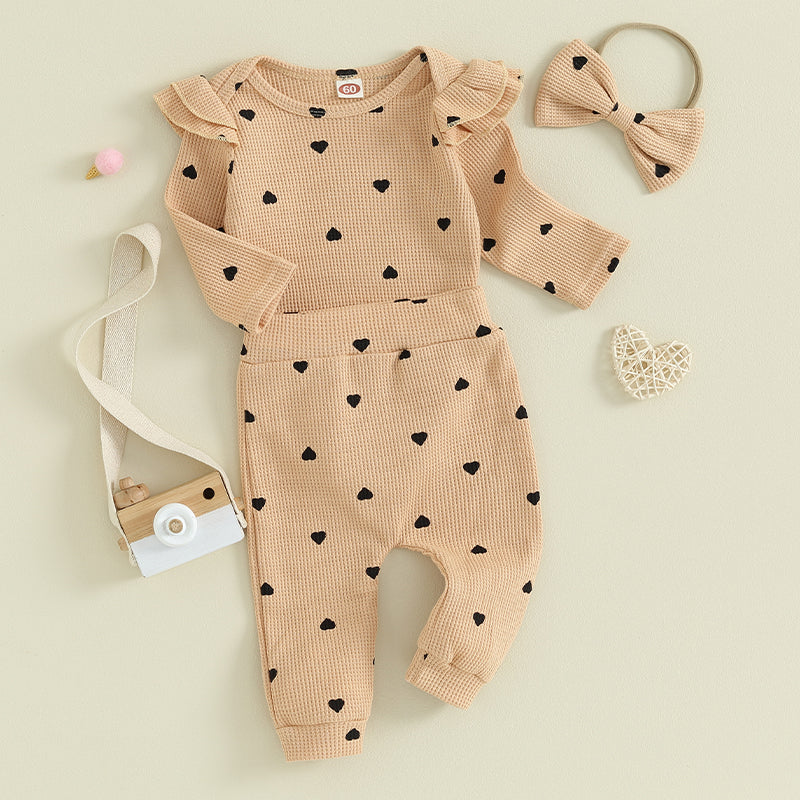 3-24MO Baby Girl Set Waffle Knit, Heart Long Sleeve Romper Pants Headband