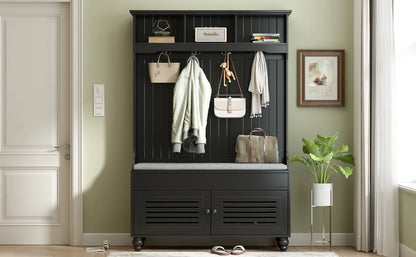 47.2'' Wide Hall Tree with Storage, 5-in-1 Entryway Bench with Shutter-shaped doors, Coat Rack, Cushion and 4 Sturdy Hooks