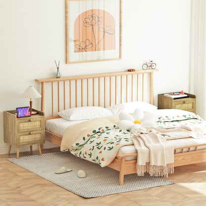 Rattan Nightstand with Charging Station, with 2 Drawers, Natural