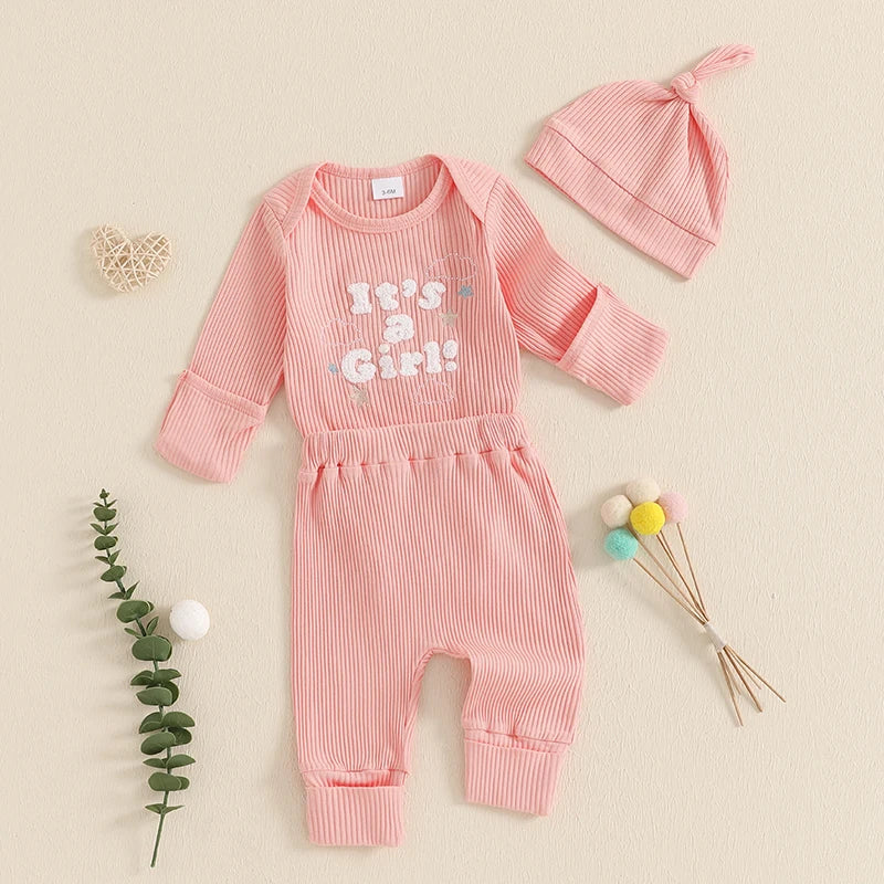 Baby Boys/Girls 3PCS Outfit, Long Sleeve Crew Neck, Letter Embroidery Romper, Solid Color Pants & Hat