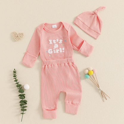 Baby Boys/Girls 3PCS Outfit, Long Sleeve Crew Neck, Letter Embroidery Romper, Solid Color Pants & Hat