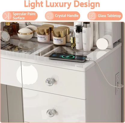 Vanity Desk with Power Outlet, Mirror and 14 LED Light, 3 Lighting Modes,11 Drawer Vanity Table , White