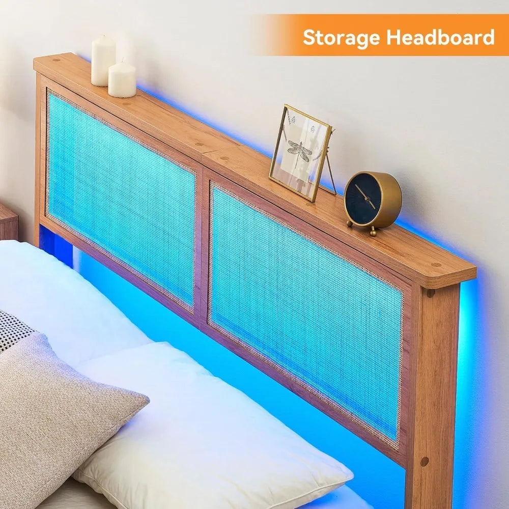 Full Bohemian Rattan Bed Frame with LED Lights,Solid Wood Foundation