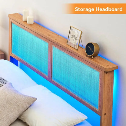 Full Bohemian Rattan Bed Frame with LED Lights,Solid Wood Foundation