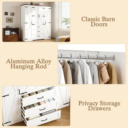 4 Door Armoire with 3 Drawers, Hanging Rod and Adjustable Shelves