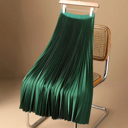 Elegant A Line Satin Long Skirt, Elastic High Waist, Pleated Skirt