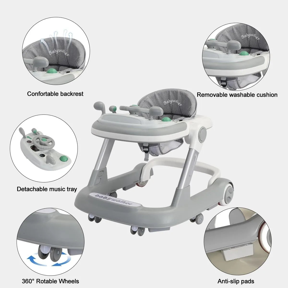Toddler Baby Push Walker with Removable Feeding Tray and Music Tray(Without Battery), Foldable Walker