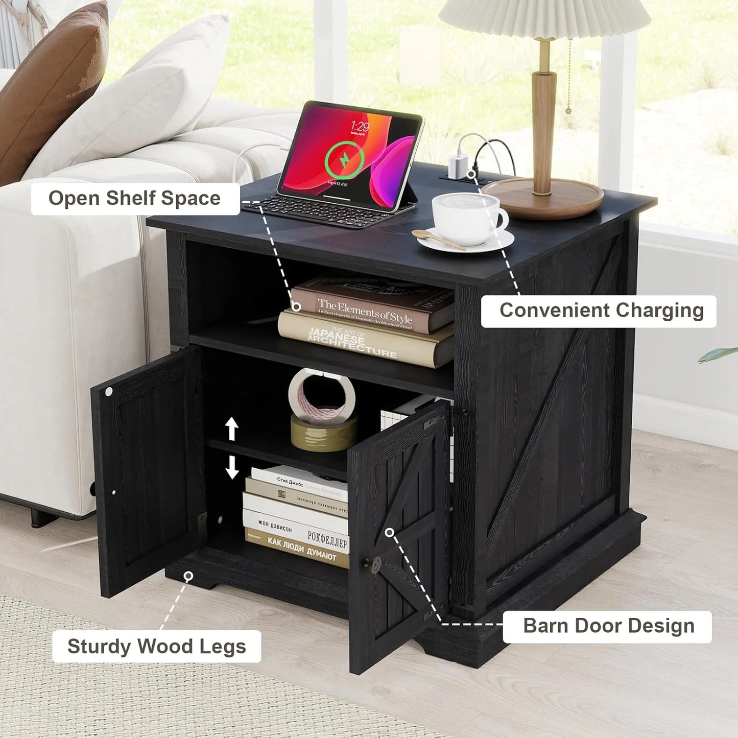 24" Farmhouse Style Side Table with Adjustable Storage Shelves and charging station