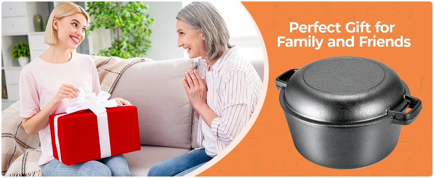 Pre-Seasoned Cast Iron Double Dutch Oven With Loop Handles, 5.1 Quart Pot