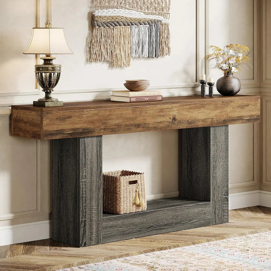 63" 2-Tier Entryway Table with U-Shaped Base, Narrow Long Wood