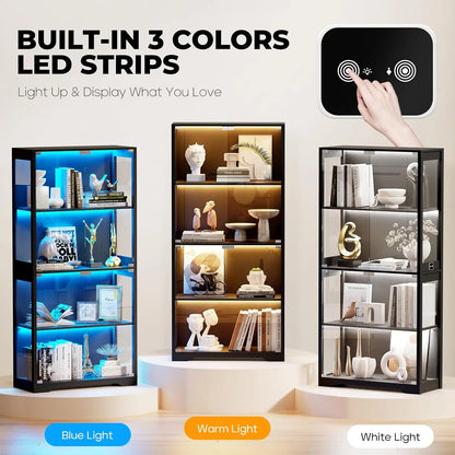 4-Tier Curio Cabinet with 3 Color Lights, Display Cabinet with Glass Doors,