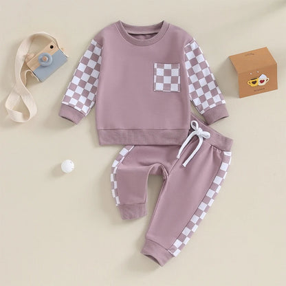 0 MO-3Y Girl Clothes Outfits, Long Sleeve, Checkboard Sweatshirt and Pants Set