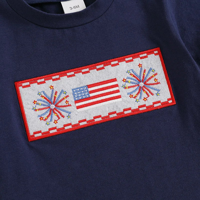 6MO-3T Baby Boy 4th of July Outfit, Short Sleeve Truck/Flag Embroidery T Shirt + Shorts