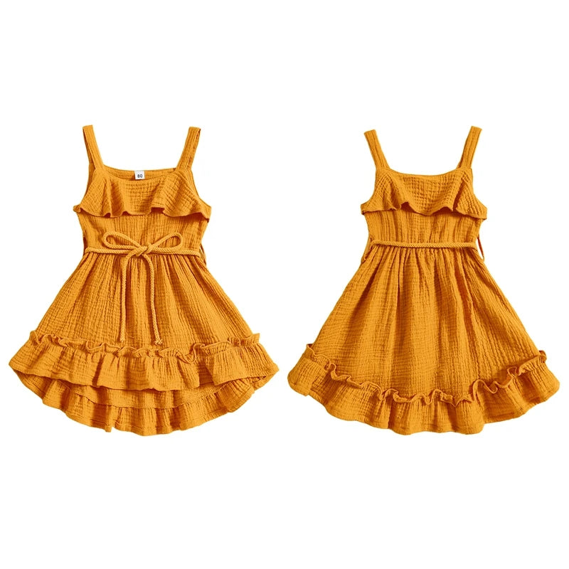 6 MO-4Y Girl Summer Dress, Casual Sleeveless, Square Neck, Belted Dress