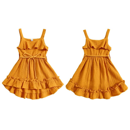 6 MO-4Y Girl Summer Dress, Casual Sleeveless, Square Neck, Belted Dress