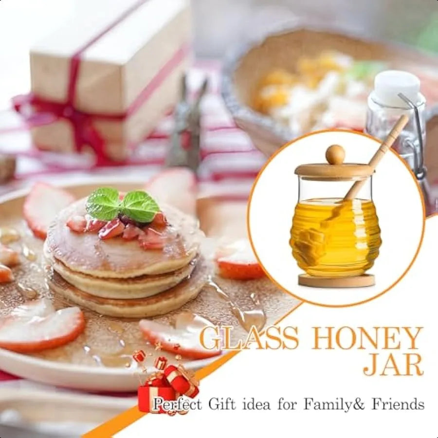 Glass Honey Jar with Wooden Lid Honey Jar with Dipper and Wooden Coaster 9.5OZ
