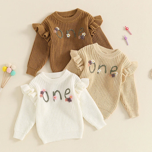 6-18 MO Birthday Sweater, Floral Letter Embroidery, Warm Knitted Pullover