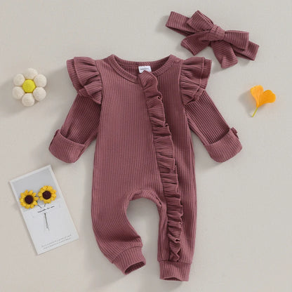 0-12M Baby Girl Ruffle Zipper Romper, Long Sleeve Jumpsuit