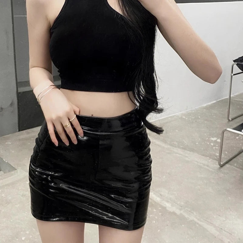 Women's Sexy Slim Pencil Skirt, Pu Leather Bodycon Shiny Black Short Skirt,  Classic High Waisted