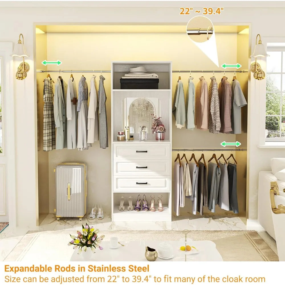 48" W - 96” W Closet System with Mirror, 8FT Walk in Closet Organizer Kits with Drawers and 3 Extendable Hanging Rod