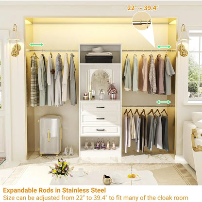 48" W - 96” W Closet System with Mirror, 8FT Walk in Closet Organizer Kits with Drawers and 3 Extendable Hanging Rod