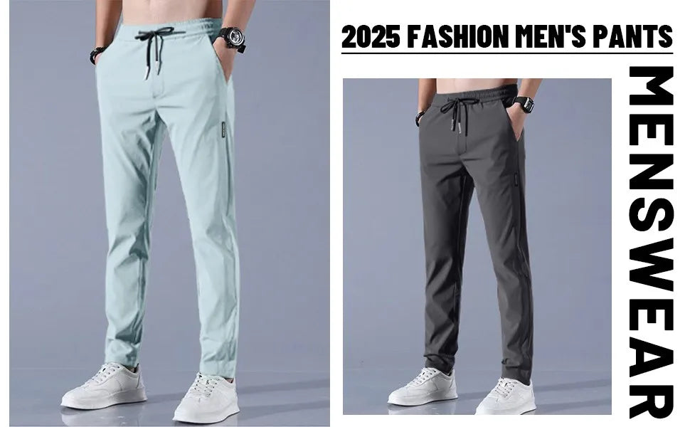 Men Fast Dry Stretch Pants, Ice Silk Trousers, Solid Color, Mid-Waist