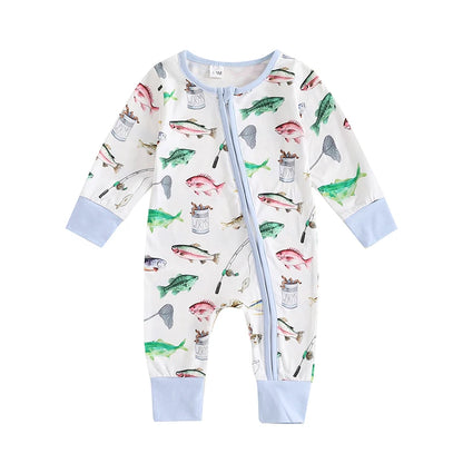 0-12MO Baby Boys Autumn Casual Romper, Long Sleeve Crew Neck, Fish Print, Oblique Zipper Jumpsuit