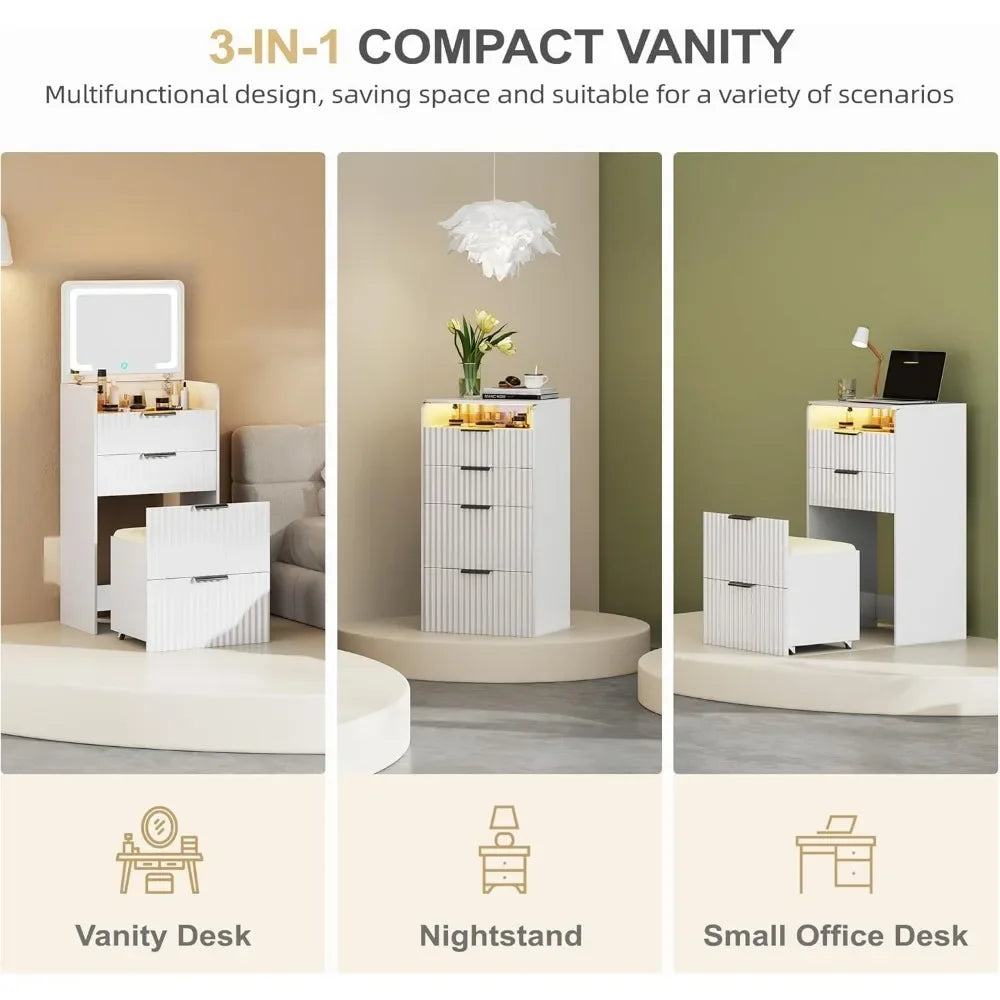 3 in 1 Small Vanity Set w/ Glass Desktop, 3 Drawers & Storage