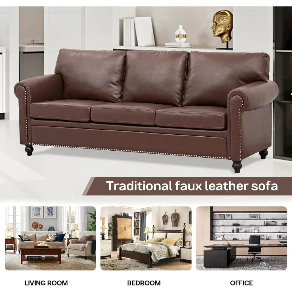 Brown Leather Couch/Sofa with Detachable Cushions 84" and Matching Chair (sold separately)