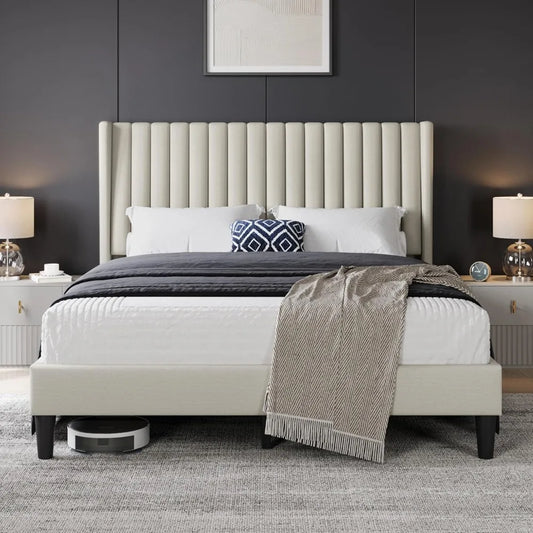 Upholstered Platform Bed - Fabric Headboard with Wing Edge Design | Wooden Slats Support, Non-Slip & Noise-Free