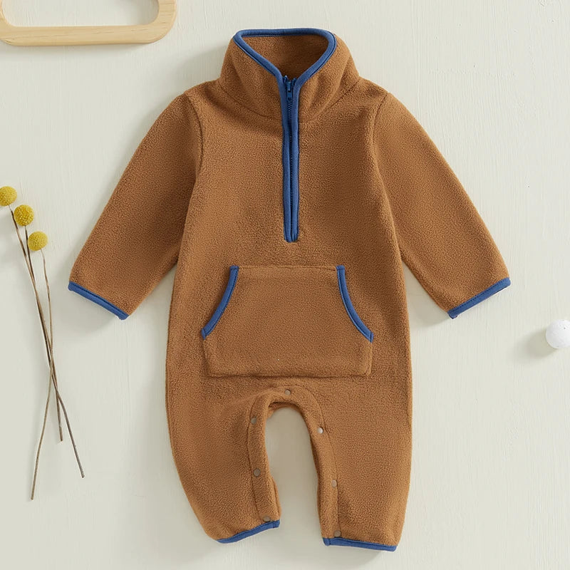 3-12M Autumn Winter Baby Boys Fleece Romper, Long Sleeve, Stand Collar, Pockets