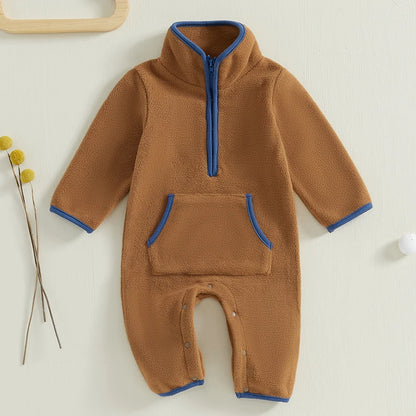 3-12M Autumn Winter Baby Boys Fleece Romper, Long Sleeve, Stand Collar, Pockets