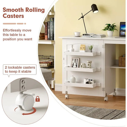 Folding Sewing Cabinet with 3 Storage Bins and Shelf, Rolling Craft Station