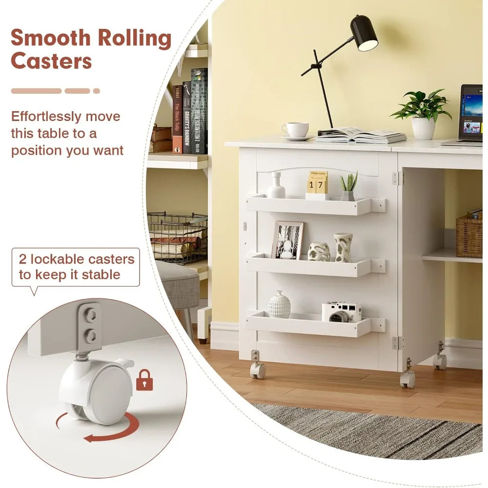 Folding Sewing Cabinet with 3 Storage Bins and Shelf, Rolling Craft Station