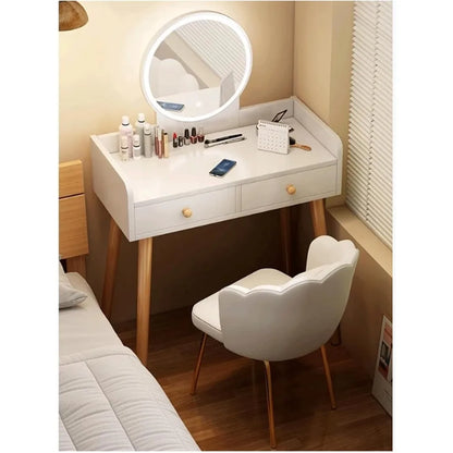 Vanity Desk with Round Mirror and Lights, with Drawers